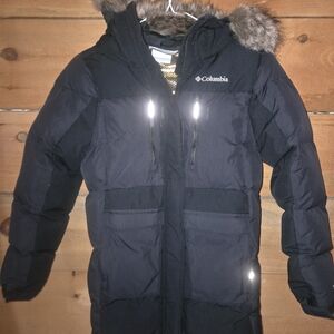 Columbia Youth Boys Winter Parka Jacket M 10/12 Black Omni-Heat Faux Fur Hood
